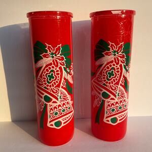 Vintage Set 2 Tall Glass Christmas Red Holiday Bells 10 in Pillar Candle